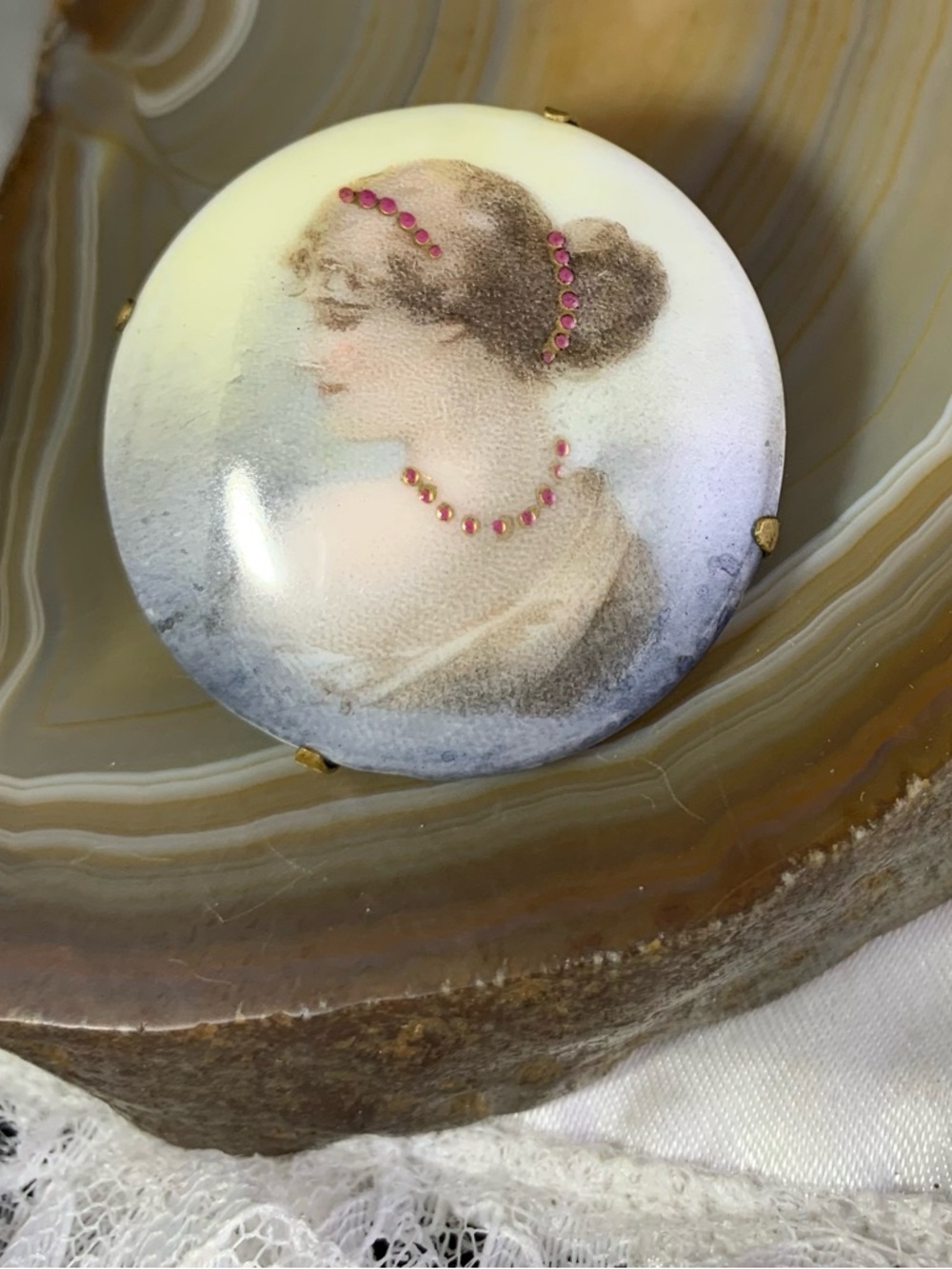 Antique Victorian Hand-Painted Portrait Brooch with Pink Accents